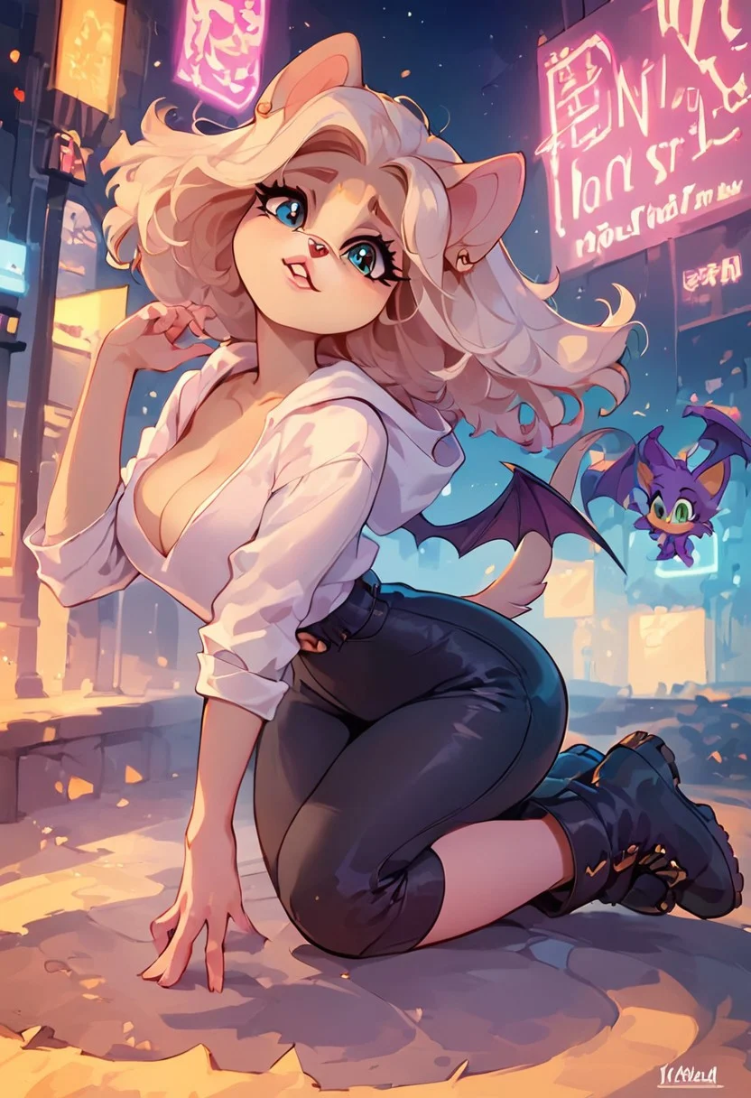 score_9, score_8_up, score_7_up, score_6_up, score_9, score_8_up, score_8, Expressiveh, 18 year old girl, anthro furry, mobian bat, from sonic, bat wings, two tone fur, brown fun on head, white fure on body, white hoodie, jood up, leather riding boots, canvas pants, white shirt, short stack, cute innocent girl, perky round perfect breasts, cleavage, medium shot, wide hips, pouty lips, looking at viewer, scared, neon lights, scifi marketplace, futuristic dystopia,
