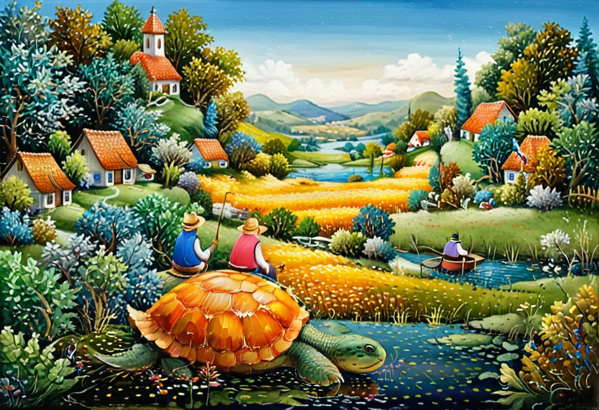 dr4g4n, style of dr4g4n,A whimsical naïve art painting depicting a man fishing on a river while sitting on the back of a giant turtle. The man is dressed in simple rural attire, with a straw hat and a fishing pole in hand, looking calm and focused. The giant turtle is depicted in vibrant, exaggerated proportions with a playful expression, its shell adorned with patterns resembling fields or small patches of vegetation. The river is a rich blue, winding through a rural village, with small, colorful cottages and trees lining the banks. The sky is bright and cheerful, painted in soft, pastel hues. The scene is filled with charming, childlike details, such as birds flying above and small fish visible beneath the water's surface, evoking a magical and serene atmosphere.<lora:dr4g4n:1>,<lora:SDXLFaeTastic2400:0.4> <lora:extremely_detailed:0.4> extremely detailed, Masterpiece,best quality,hi res,8k,hi res,8k,award winning,(sharp focus, intricate, highly detailed),