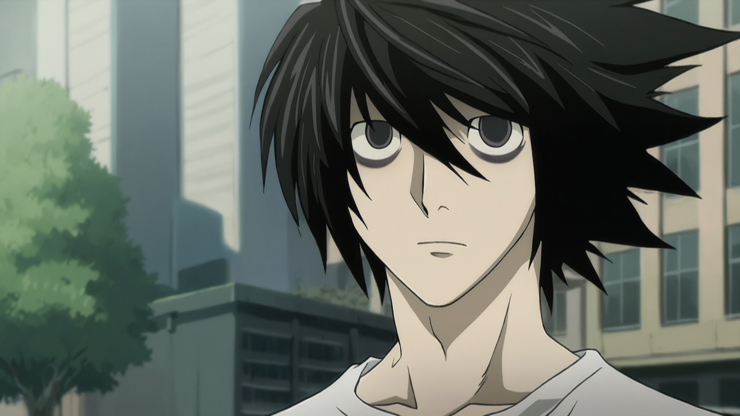death_note_style, anime screencap, anime coloring, masterpiece, best quality,amazing quality, cinematic lighting, close-up shot, l lawliet, 1boy, male focus, looking at viewer,  expressionless,  bags under eyes, black hair, spiked hair, black eyes, white shirt, outdoors, trees, building,  wind, day  <lora:death_note_style:1>