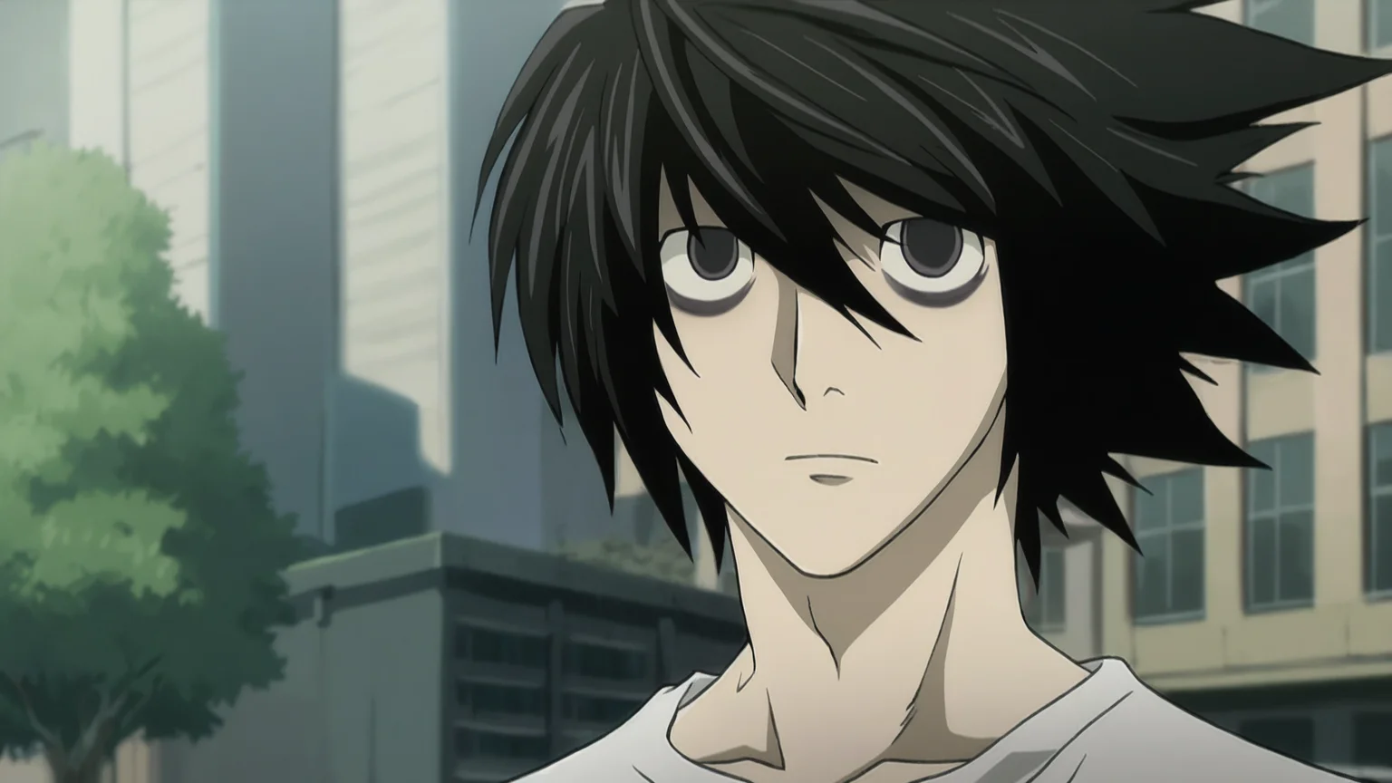 death_note_style, anime screencap, anime coloring, masterpiece, best quality,amazing quality, cinematic lighting, close-up shot, l lawliet, 1boy, male focus, looking at viewer, expressionless, bags under eyes, black hair, spiked hair, black eyes, white shirt, outdoors, trees, building, wind, day <lora:death_note_style:1>