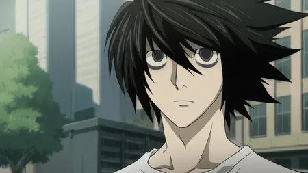 death_note_style, anime screencap, anime coloring, masterpiece, best quality,amazing quality, cinematic lighting, close-up shot, l lawliet, 1boy, male focus, looking at viewer, expressionless, bags under eyes, black hair, spiked hair, black eyes, white shirt, outdoors, trees, building, wind, day <lora:death_note_style:1>