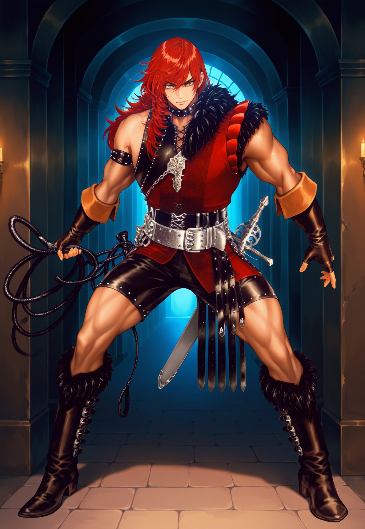 safe_pos, masterpiece, best quality, amazing quality, very aesthetic, absurdres, newest, chronsimonilxl, 1boy, male focus, muscular, long hair, red hair, single armband, fur lined shoulder armor, studded leather armor, black leather shorts, silver belt, straps, belt straps, sheathed sword, fingerless gloves, choker, fur lined boots, full body, ((action pose)), looking at viewer, dark hallway background, dark hallway, whip, holding whip, weapon