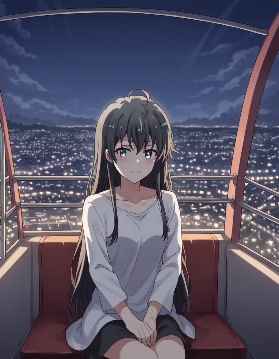score_9, score_8_up, score_7_up, source_anime, <lora:yukino-yukinoshita-s2s3-ponyxl-lora-nochekaiser:1>, yukino yukinoshita, black hair, blue eyes, long hair,, <lora:ferris-wheel-interior-ponyxl-lora-nochekaiser:1>, ferris wheel interior, ferris wheel, gondola, cityscape, amusement park, city lights, night, fireworks, aeriel firworks, night sky, city, skyline, sky,, sitting, smile, blush, looking at viewer,,