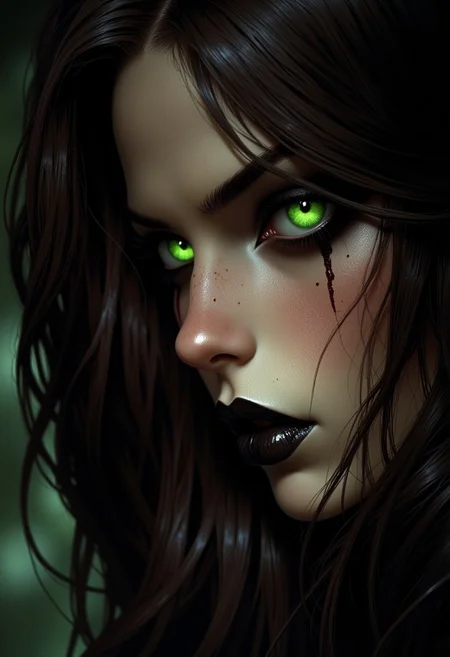 close up on face, great lighting, intricate detail, portrait of a female figure with fair skin. She has a piercing emerald green gaze. Her wavy dark brown hair frames her face. Her lips are beautiful and express a confident superiority. She wears black lipstick. High Detail, Perfect Composition, realistic photographic image, interesting backlighting, ArsMJStyle, dnddarkestfantasy, mythp0rt