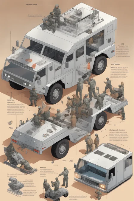 <lora:Isometric Cutaway:1>,Isometric Cutaway - An Image illustrating the instructions for the installation of armored vehicles. The background shows the armored vehicle installation scene, accompanied by illustrations or pictures that demonstrate the correct installation steps. The accompanying text instructions are presented in a clear and understandable manner, helping users to easily complete the installation of the armored vehicle.
