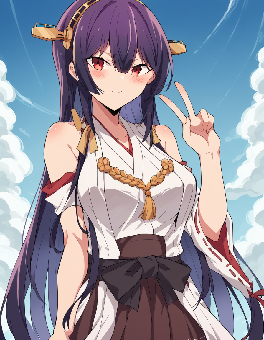 score_9, score_8_up, score_7_up, source_anime, <lora:takane-takamine-trailer-ponyxl-lora-nochekaiser:1>, takane takamine, long hair, red eyes, purple hair, large breasts, bangs, very long hair, hair between eyes, <lora:kancolle-kongou-cosplay-ponyxl-lora-nochekaiser:1>, kancolle kongou cosplay, kongou (kancolle) (cosplay), kongou pose, nontradional miko, cosplay, ribbon-trimmed sleeves, ribbon trim, bare shoulders, headgear,, ocean, smile, blush, blue sky, v, cowboy shot, looking at viewer,, , dutch angle, cowboy shot