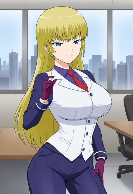 1girl, solo, ryusenkarenplutocrat, blonde hair, long hair, blue eyes, large breasts, purple collared shirt, white vest, red necktie, purple pants, business suit, purple gloves, hand on one pocket, indoors, office, table, window, cityscape, smile, smug, standing, cowboy shot
