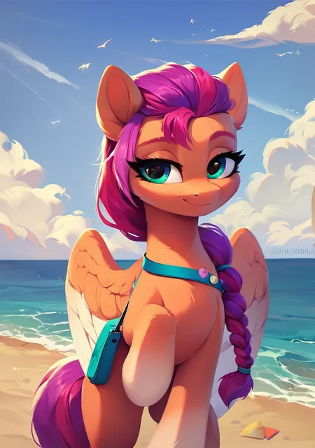 score_9, score_8_up, score_7_up, my little pony, solo, pony, 1girl, Sunny Starscout, lidded eyes, wings, wide hips, standing up, beach, ear tufts, long eyelashes, outdoors, best quality, high detailed, sharp lines, shaded