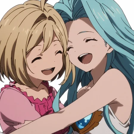 best quality, simple background, white background,
hug, jumping, smile, closed eyes, open mouth, upper body,
2girls, yuri, (chibi:0.5),
lyria \(granblue fantasy\), very long blue hair, ahoge, white sleeveless dress,
djeeta \(granblue fantasy\), blonde short hair, pink shirt,
<lora:JitaRuri-XL:1> jitaruri, (anime coloring:1),