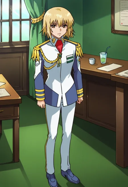 score_9,score_8_up,score_7_up,score_6_up,score_5_up,score_4_up,anime coloring,source_anime,<lora:Cagalli_Yula_Athha_Gundam_SEED_Pony:0.8>,cagalli,1girl,solo,brown eyes,blonde hair,medium hair,seed jacket,epaulettes,white pants,blue shoes,standing,indoors,looking_at_viewer,