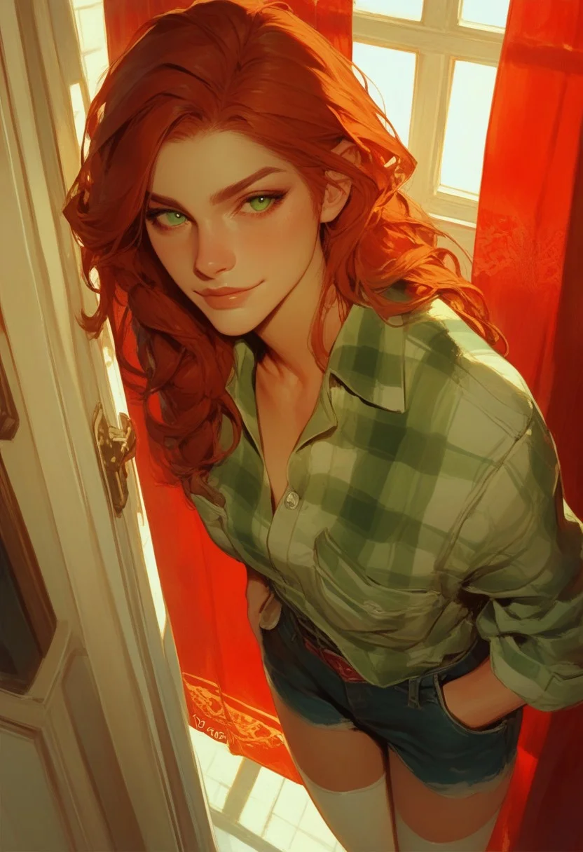 (score_9, score_8_up, score_7_up:1.3), score_6_up, score_5_up, score_4_up, (drawn),1girl, solo, (medium breasts:1.1), redhead,
green eyes, long hair, white thighhighs, denim shorts, green flannel, from above,
baroque hall, window, red curtains,
looking at viewer,
(dutch angle:1.2), (slightly smug:1), hands in pocket