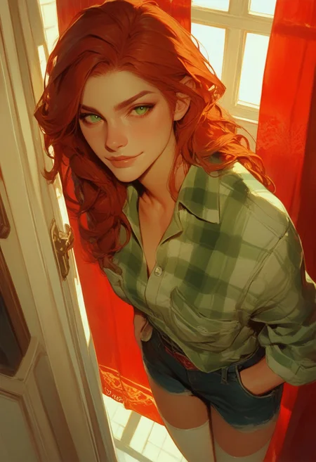 (score_9, score_8_up, score_7_up:1.3), score_6_up, score_5_up, score_4_up, (drawn),1girl, solo, (medium breasts:1.1), redhead,
green eyes, long hair, white thighhighs, denim shorts, green flannel, from above,
baroque hall, window, red curtains,
looking at viewer,
(dutch angle:1.2), (slightly smug:1), hands in pocket