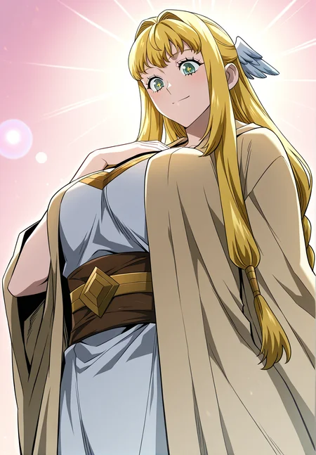 <lora:Dolores_Quovadis__Revenge_of_the_Iron-Blooded_Sword_Hound__Illustrious:1>
Dolores_Quovadis, 1 girl, solo, long hair straight hair, blonde hair, thick braid, long braid, straight fringe, wing hair ornament, green eyes, cross pupils, <lora:DetailedEyes_V3:1>,
Dolores_Quovadis_priest, beige outer robe, wide sleeves, brown waist sash, golden neckline detail, side braids, priestess outfit,
score_9, score_8_up, score_7_up, very aesthetic, source_anime, detailed, high quality, beautiful, detailed eyes, masterpiece, best quality, absurdres, perfect anatomy, dynamic low-angle shot, looking down while smiling brightly, wind blowing through hair, one hand near chest, flushed cheeks, dramatic lighting from behind, glowing rimlight, cinematic lens flare, soft pinkish background, ethereal atmosphere, anime style