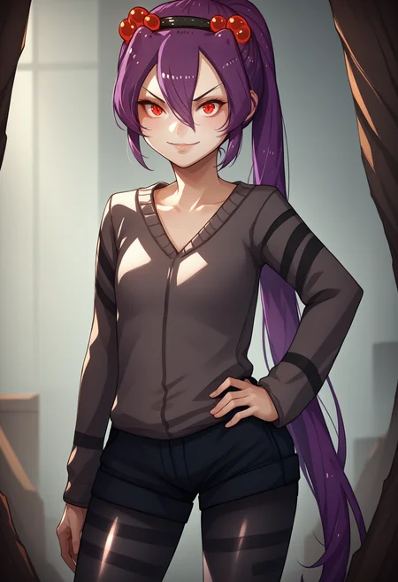 score_9, score_8_up, score_7_up, source_anime, 1girl, solo, <lora:Spiderchan_XLPD:1>, Spider-chan, purple hair, red eyes, ponytail, hair ornament, hair between eyes, hair bobbles, long hair, bangs, black pantyhose, long sleeves, collarbone, short shorts, cowboy shot, hand on own hip, seductive smile,