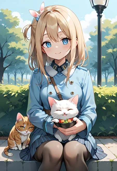 score_9, score_8_up, score_7_up, score_6_up, score_5_up, score_4_up, detailed eyes, detailed skin, source_anime, source_anime, masterpeice, best quality, very aesthetic, absurdres, BREAK 
<lora:suomi-loss0.975:1>,suomi (girls' frontline),1girl,blue eyes,blonde hair,suomi-normal, BREAK, outside, outdoors, park, fall, autum, BREAK, sitting, cat, cat on lap, holding cat, joy, happy,