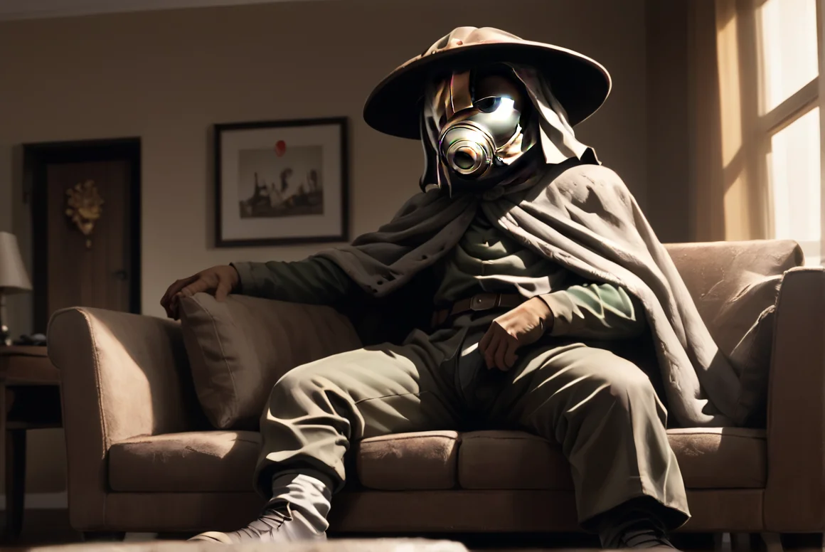 score_9, score_8_up, score_8, <lora:Kanta_SunabozuDesert_Punk_for_PonyXL:0.8> 1boy, k4nt4, solo, hat, mask, cape, helmet, sitting on couch, living room, window