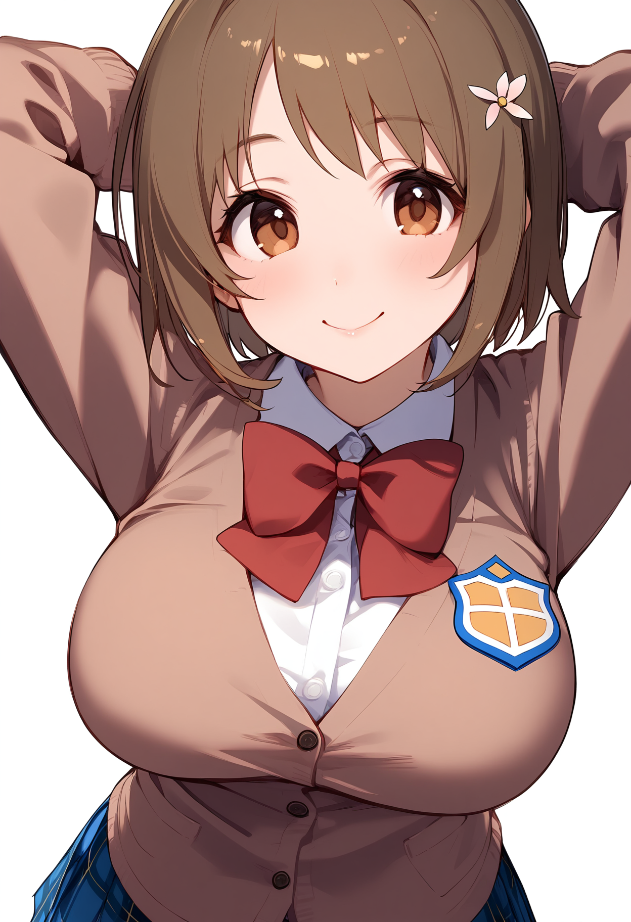 1girl,
mimura kanako,


solo, blush, skirt, breasts, hair ornament, looking at viewer, large breasts, collared shirt, bow, simple background, school uniform, bowtie, cardigan, short hair, flower, brown hair, upper body, shirt, dress shirt, long sleeves, white background, brown eyes, closed mouth, red bowtie, pleated skirt, plaid, smile, hair flower, plaid skirt, red bow, arms up, virtual youtuber, white shirt,

sfw
<lora:a31_char_new_mimura_kanako-000022:1> <lora:a31_style_koni-000010:0.8>