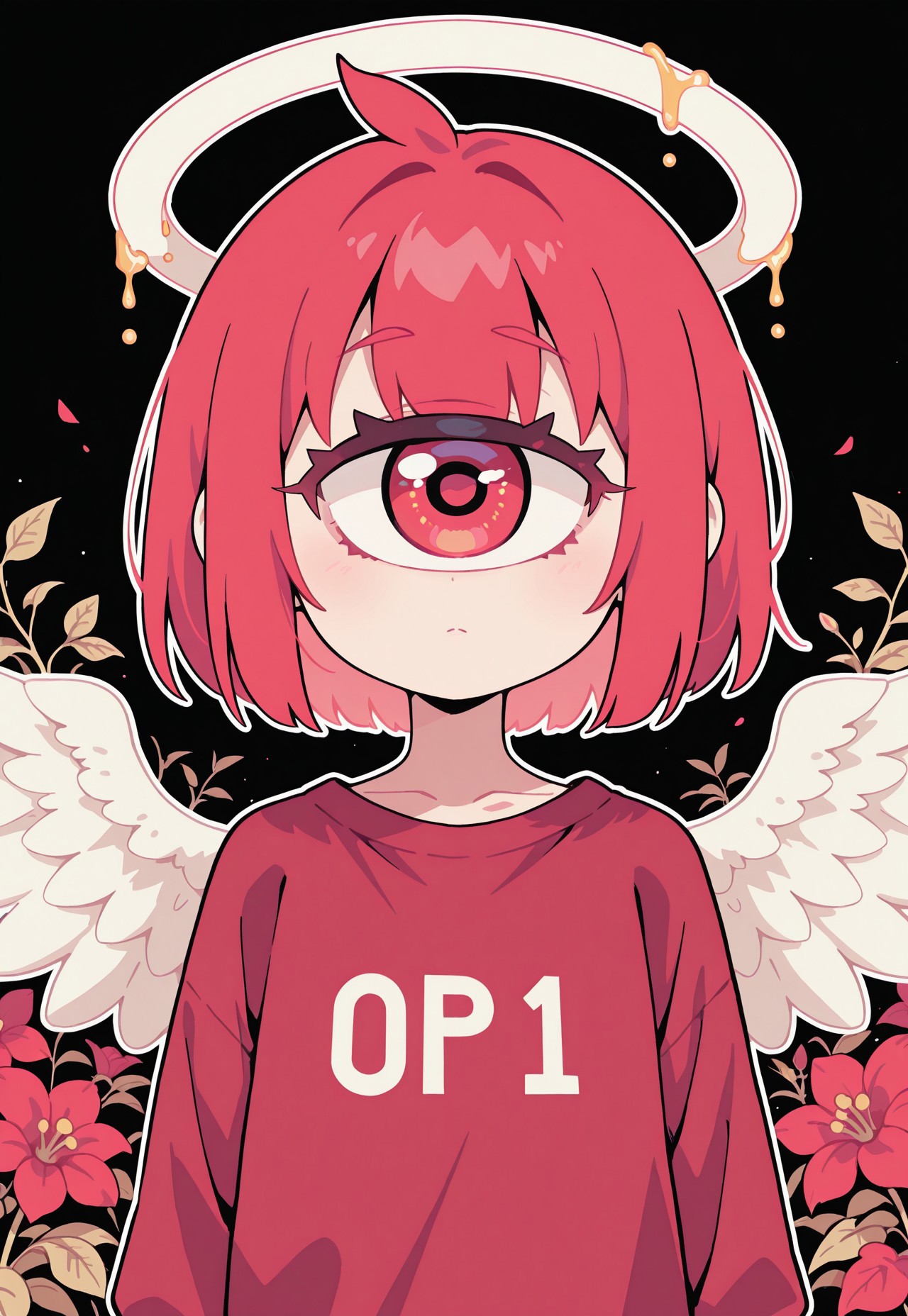  S4bit4mago_illu, anime style, s0wasow4rt_illu, masterpiece, newest, masterpiece, best quality, high quality, newest, highres, absurdres, <lora:sowasowart_style-000016:1>,score_9, score_8_up, score_7_up, concept, solo, extremely detailed, cartoon style, detailed background, detailed plants, thick outline, white outline, flat color, no lineart, blending, negative space,
masterpiece, best quality, very aesthetic, newest, solo, semi-realistic,  1 girl, red motif, cyclops eye, large eye, large flat halo, flat color, large red shirt, black background, wings, black lighting
