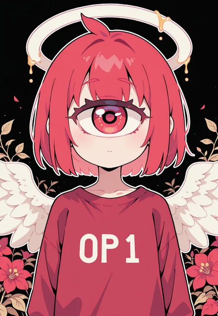 S4bit4mago_illu, anime style, s0wasow4rt_illu, masterpiece, newest, masterpiece, best quality, high quality, newest, highres, absurdres, <lora:sowasowart_style-000016:1>,score_9, score_8_up, score_7_up, concept, solo, extremely detailed, cartoon style, detailed background, detailed plants, thick outline, white outline, flat color, no lineart, blending, negative space,
masterpiece, best quality, very aesthetic, newest, solo, semi-realistic, 1 girl, red motif, cyclops eye, large eye, large flat halo, flat color, large red shirt, black background, wings, black lighting