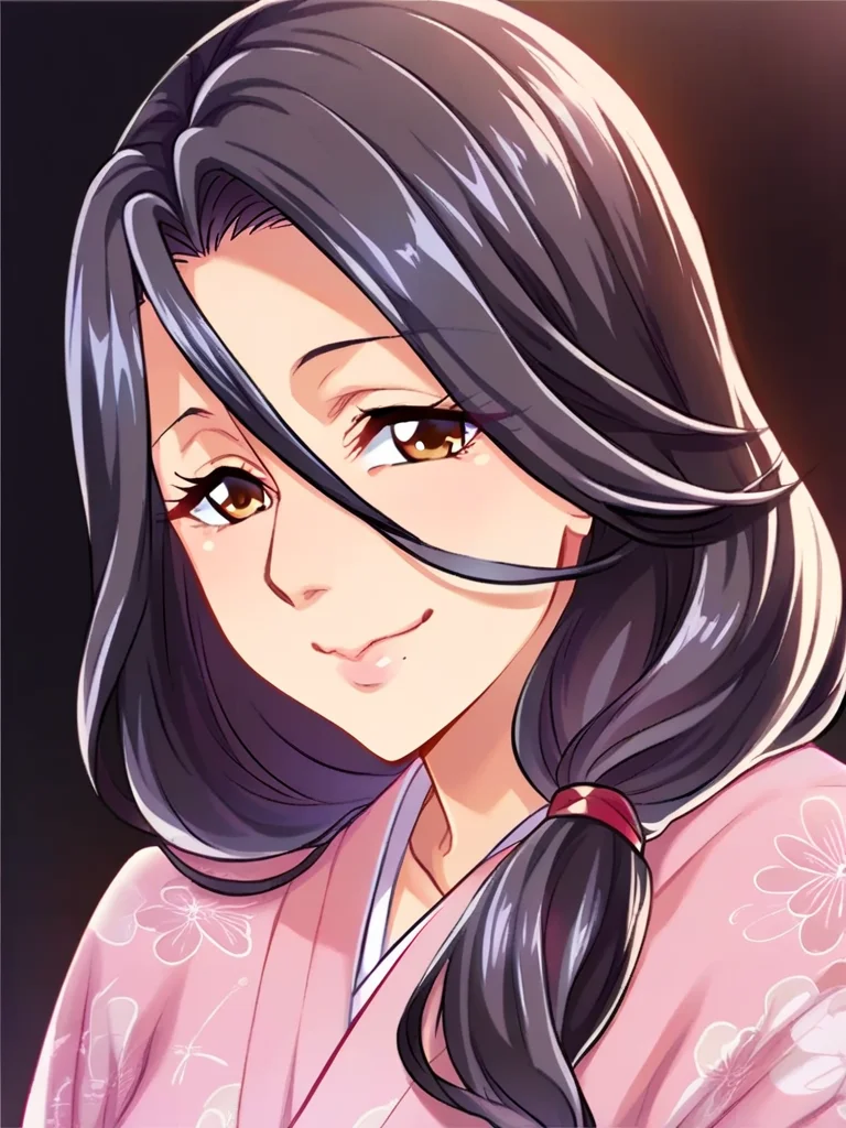 score_9, score_8_up, score_7_up,  
1girl, game cg, kujou Fumiko, mature female, black hair, low-tied long hair, hair over shoulder, hair between eyes, 
face, close-up, kimono, black background,
looking at viewer, brown eyes, smile, closed mouth,