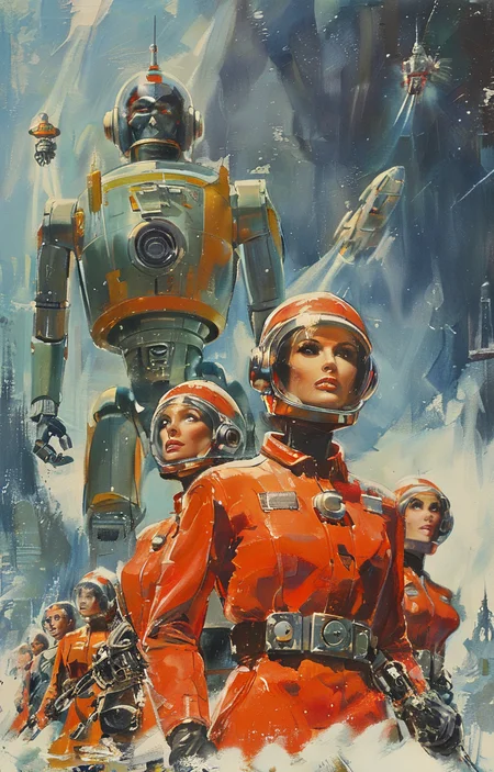 masterpiece,best quality,<lora:tbh315-sdxl:0.9>,illustration,style of Gerry Anderson portrait of Housework robots