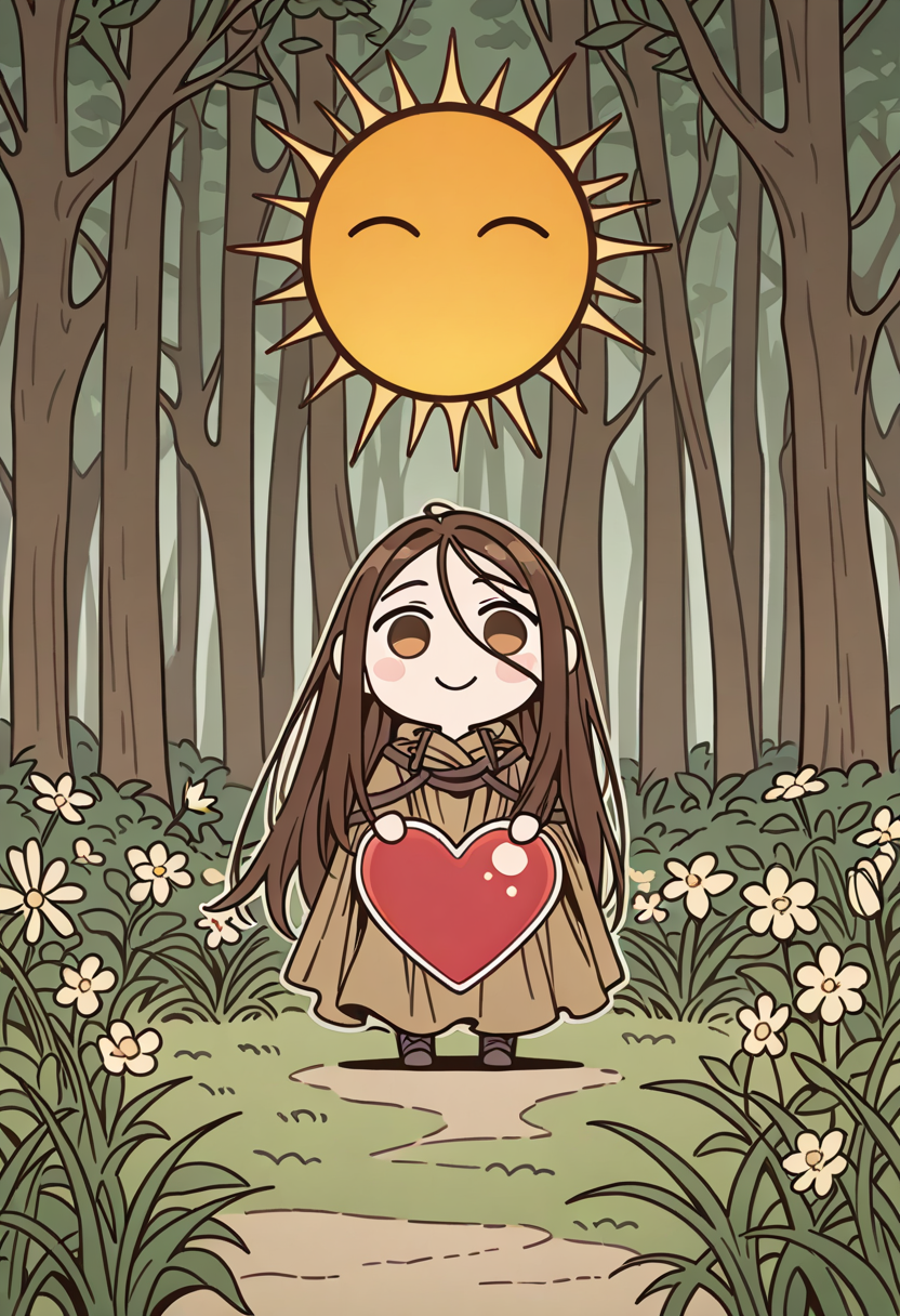 Chun_Hyang, chibi, sticker, holding big heart, cute, cloak, parody forest, smiling sun, grass, flowers, outline around the character, flat color, best quality, girl focus