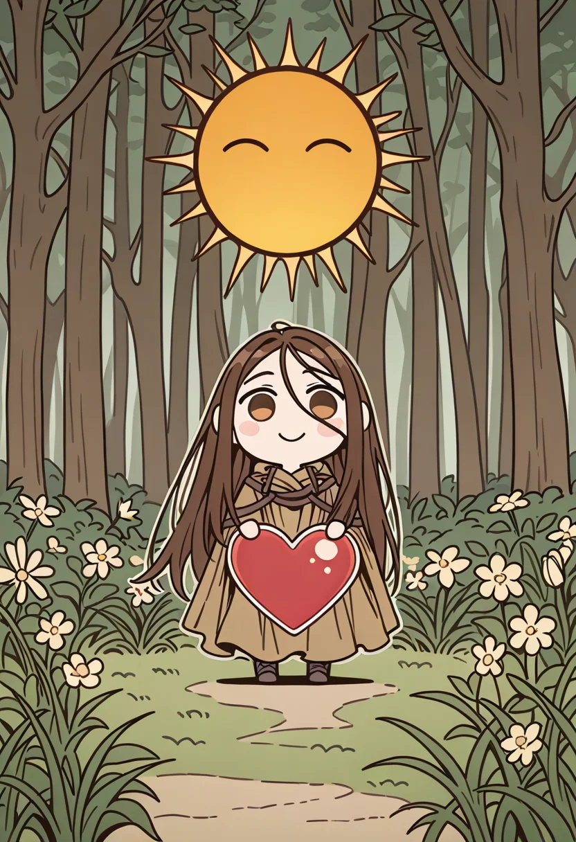 Chun_Hyang, chibi, sticker, holding big heart, cute, cloak, parody forest, smiling sun, grass, flowers, outline around the character, flat color, best quality, girl focus