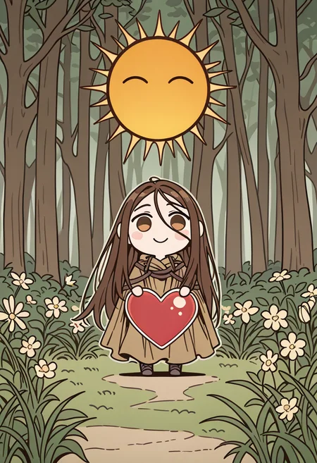 Chun_Hyang, chibi, sticker, holding big heart, cute, cloak, parody forest, smiling sun, grass, flowers, outline around the character, flat color, best quality, girl focus