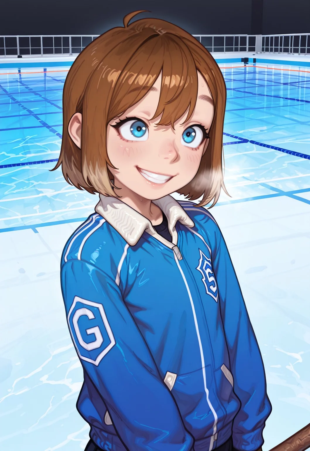 4k, fine detail, high quality eyes, masterpiece, best quality, amazing quality, geh1, 4s0r4, eigaka, possmach, artist:moriimee, 1 girl, solo girl, young, R1l3y, short hair, blue eyes, brown hair, smile, rink, ice, winter, hockey uniform, stick, holding stick, upper body