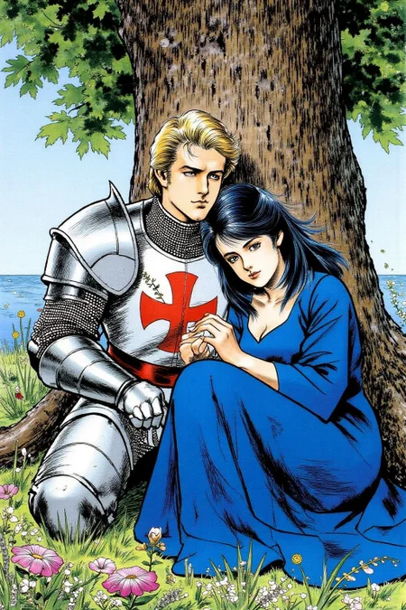 1keryo illustration.
A blonde knight and a lady sitting under a tree. The lady has dark hair and is wearing a blue dress. The knight is sleeping with his head on the leg of the lady <lora:1keryo1_cap_d6a3e12:1.0><lora:826534561971413215:0>