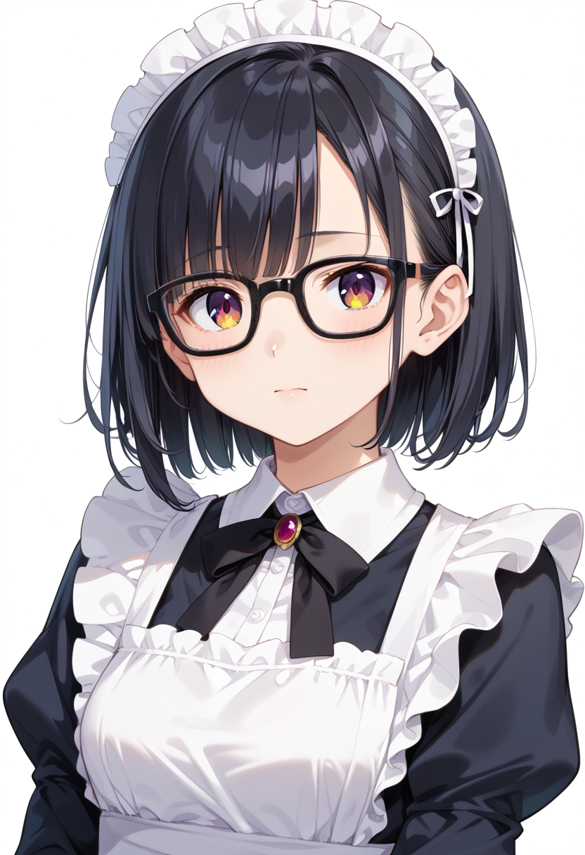 score_9, score_8_up, score_7_up, rating_safe, masterpiece, best quality, absurdres, unity 8k wallpaper, official art, official style, source_anime, uncensored, game cg, megami magazine,
1girl, solo, black hair, medium hair, upper body, covered eyes,maid, maid headdress, black dress, maid apron, face focus,
Wellington22A, glasses, white background, simple background, black-framed eyewear
 <lora:glasses_Wellington22A1_PONY_V1:1>