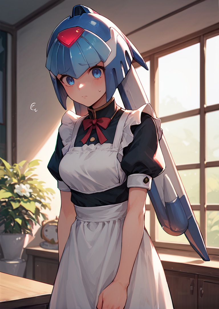 score_9, score_8_up, score_7_up, source_anime, leviathanmisc, petite, mechanical hair, helmet, blue hair, low twintails, blue eyes, maid, indoors, shy, medium breasts,
cowboy shot
<lora:leviathan-step00001400:1>