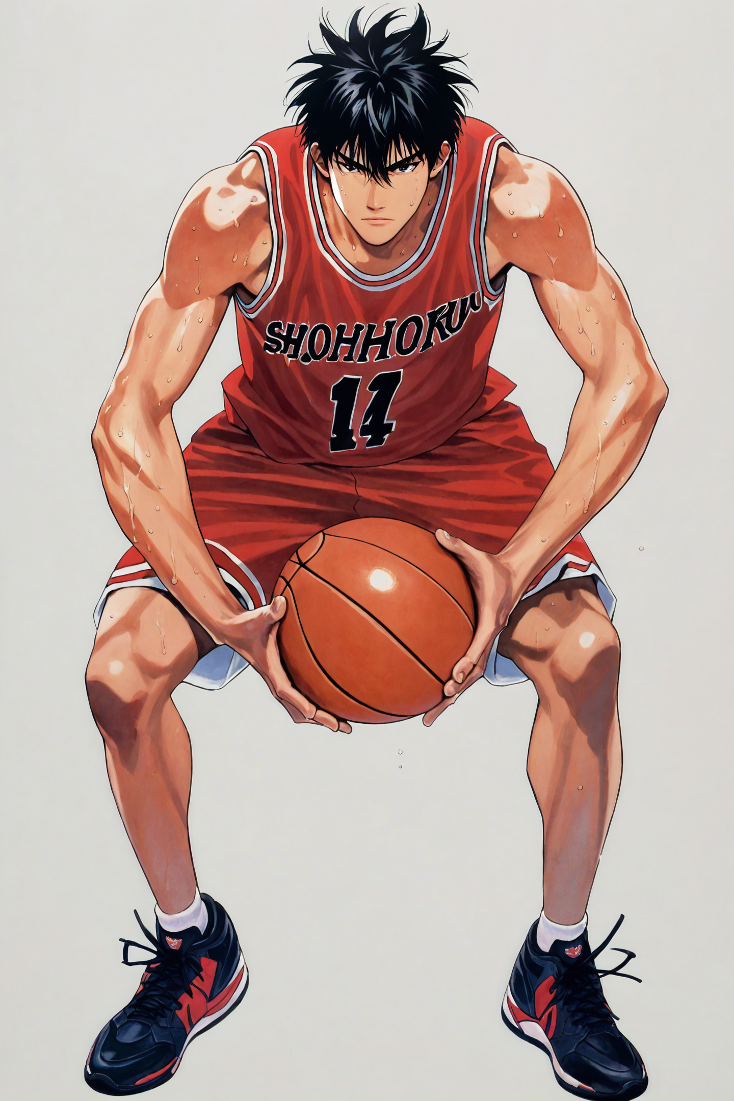 score_9,score_8_up,score_7_up,masterpiece,best quality,
Rukawa Kaede,red basketball uniform,1boy,basketball,male focus,solo,sportswear,black hair,shoes,shorts,white background,full body,simple background,sneakers,sweat,holding,sleeveless,black footwear,red shorts,spiked hair,shirt,closed mouth,traditional media,sleeveless shirt,hair between eyes,bangs,black eyes,looking at viewer,serious,ball,holding ball,clothes writing,
<lora:Inoue Takehiko_XL_PONY:1>,