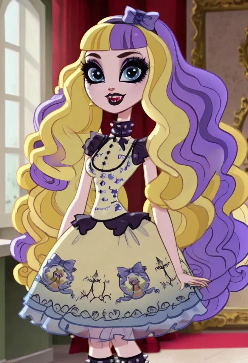masterpiece, best quality, solo, curvy, beautiful eyes, narrow waist, wide hips, zzBlondie, blue eyes, blonde hair, curly hair, long hair, wavy hair, hair bow, makeup, lipstick, hairband, blunt bangs, dress, jewelry, , <lora:BlondieLockesEAH_IXL:1.0>, , smile, looking at viewer, cowboy shot, (two-tone hair, purple hair, makeup, eyeshadow, black lips, dress, black boots, knee boots, spikes, spiked collar, gothic), ,<lora:VampieNAI:1.0>,