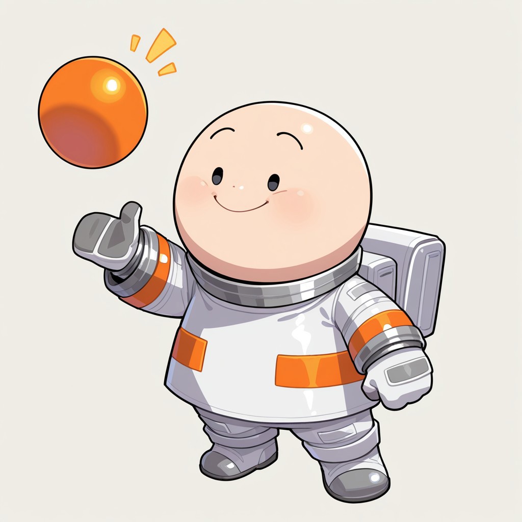 masterpiece, best quality, perfect quality, very awa, absurd res, newest, absolutely eye-catching, solo, 1boy, Opoona, Spacesuit, black eyes, chibi, orange floating ball, bald, smiling, headshot, simple background