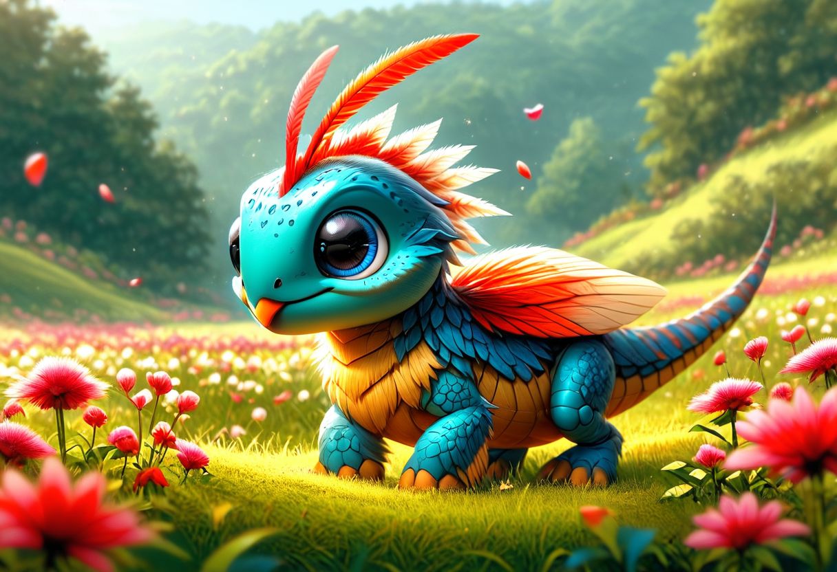 An adorable with big tits ladybug-flamingo hybrid creature with flower petal-like feathers, standing in a field of pink and red flowers, hyperrealistic, using the EasyNegative model. The creature should be extremely detailed, following HK style, and appear as if made from wooden art. The scene should also include elements of an insectosaur. Ensure the overall image is whimsical and enchanting