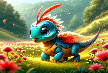 An adorable with big tits ladybug-flamingo hybrid creature with flower petal-like feathers, standing in a field of pink and red flowers, hyperrealistic, using the EasyNegative model. The creature should be extremely detailed, following HK style, and appear as if made from wooden art. The scene should also include elements of an insectosaur. Ensure the overall image is whimsical and enchanting