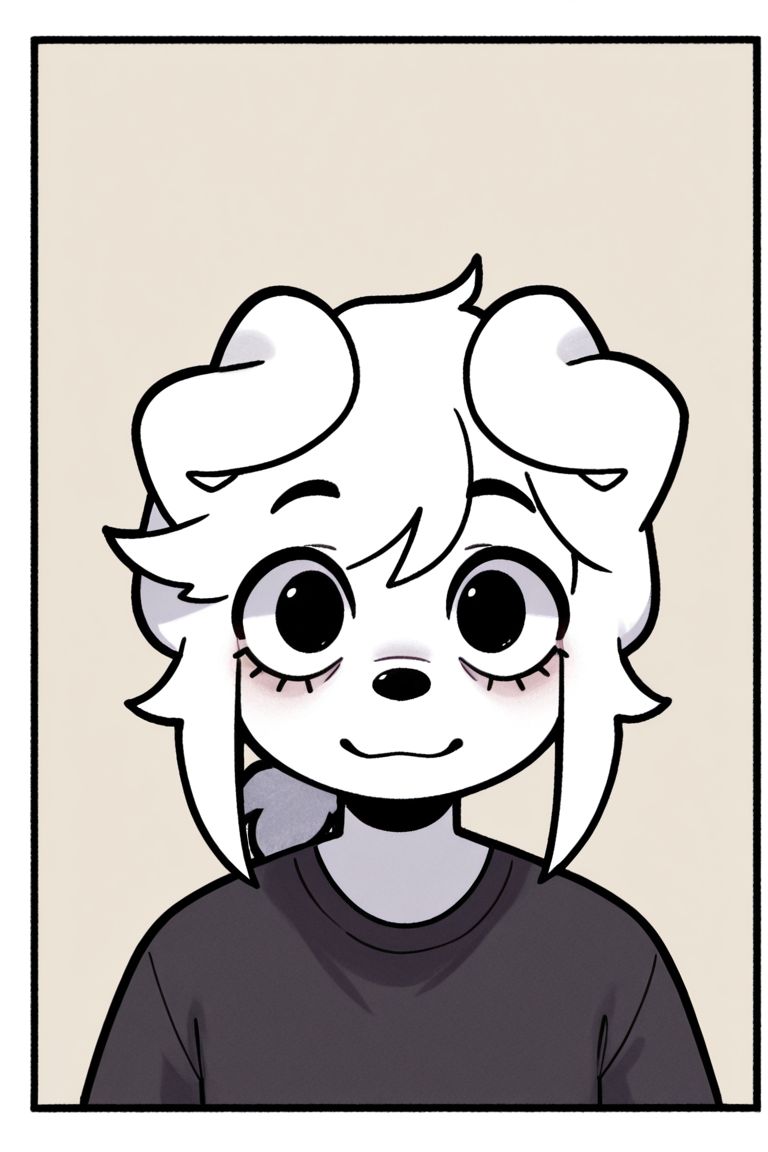 masterpiece, best quality, newest, highres,very aesthetic, absurdes, detailed eyes, 1girl, bearsockzdog,white hair, furry female, dog girl, black eyes, ponytail, upper_body,  shirt, looking at viewer, smiling, simple_background,  border, portrait