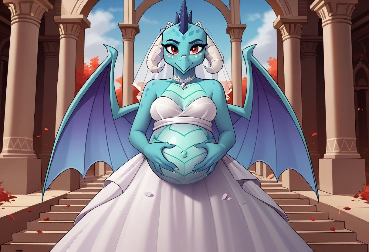 score_9, score_8_up, score_7_up, score_6_up, source_MLP, solo, from front,
Princess Ember, blue scales, red eyes, wedding dress, smiling, pregnant, medium breasts, hands on belly,
Temple background, by drako