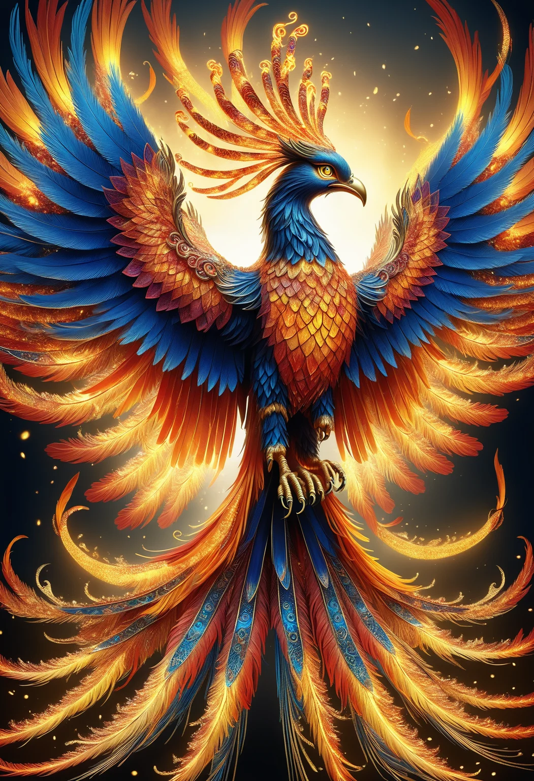 hyper detailed masterpiece,realistic,DonM1un4rN3wY34rXL phoenix, mythical powerful bird, in flames, vibrant colors,, large and majestic wings long flowing tail feathers, resplendent radiant plumage immortality, renewal, rebirth, sun and fire in military history ,ornamented <lora:myLora\DonM1un4rN3wY34rXL-000006:.8>,