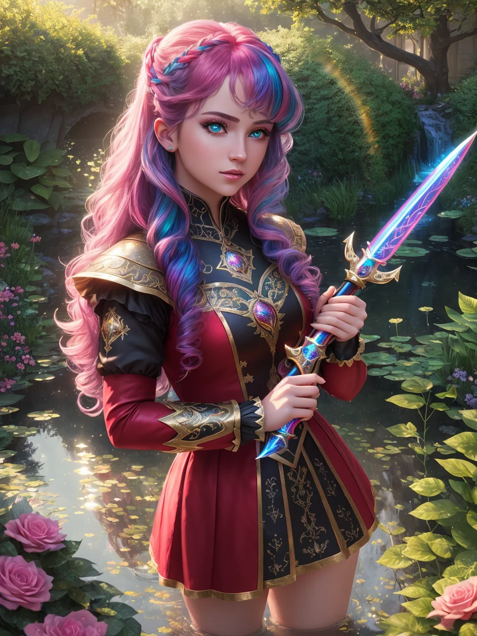 masterpiece, best quality,8k,ray tracing, cinematic lighting, sparkle, 1girl, princess, garden, beautiful detailed water, red eyes, glowing eyes, (rainbow hair:1.1),weapon, Exquisite dagger