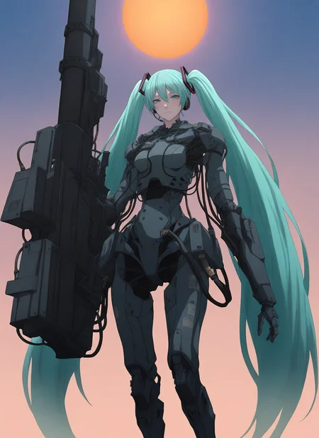 masterwork, jtts, 1girl, hatsune miku, cyborg, large weapon, cybernetic body, wires, cables, aqua hair, very long hair, twintails, daytime, sun, vibrant colors, detailed, masterpiece, best quality, newest, absurdres, highres, <lora:SDXL\Illustrous\Jittsu_style:1.0>