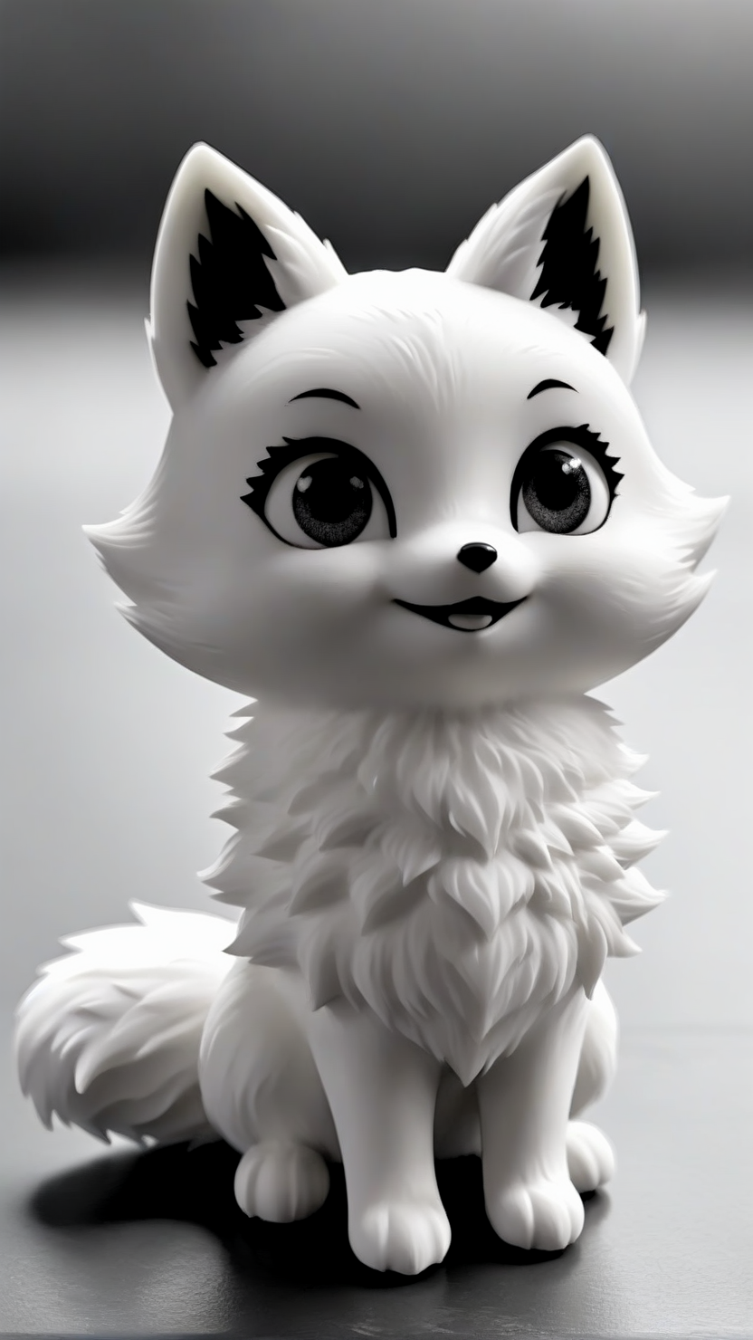 <lora:3DPrintingXL:1>,whitemold,3d printed mold,art style,greyscale,monochrome, A sweet, smiling fox with fluffy tail, soft fur-like texture, and wide-eyed innocence, designed to charm children with its cuteness.