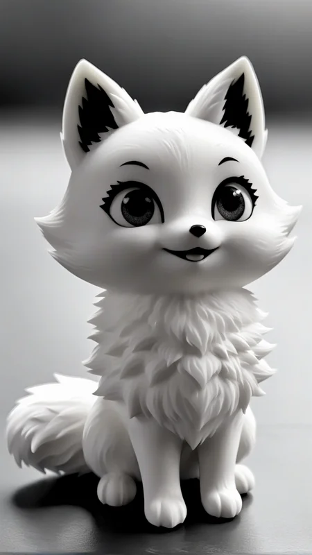 <lora:3DPrintingXL:1>,whitemold,3d printed mold,art style,greyscale,monochrome, A sweet, smiling fox with fluffy tail, soft fur-like texture, and wide-eyed innocence, designed to charm children with its cuteness.