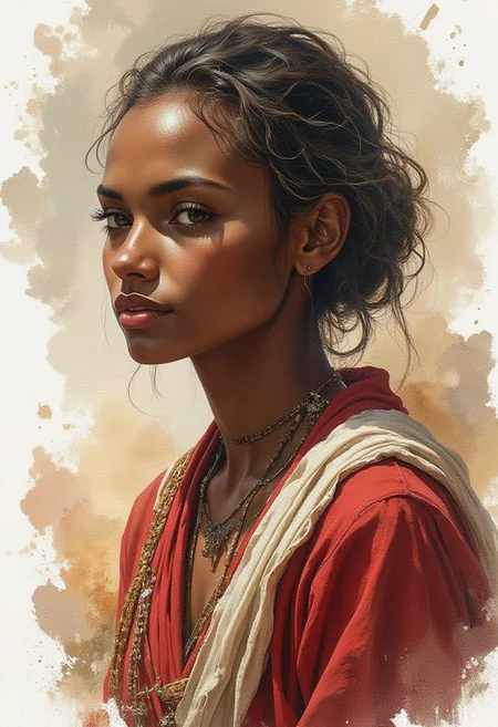illustration, watercolor,
A close-up portrait of a beautiful young guard in her shwe-swhe robe, African theme, faded background, dynamic movement, intricate detail, tribal African elements, hints of gold and red, cyberpunk anime, cyberpunk, cumulus clouds, AlfMch, anime, cyberpunk
