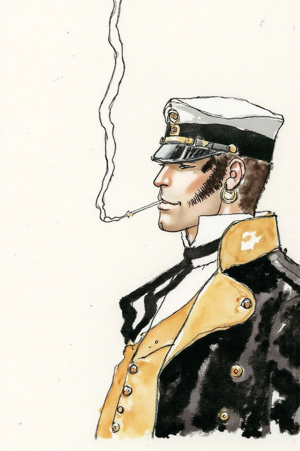 hugop1 watercolor illustration.
watercolor illustration of the profile of a man in a military uniform. He is wearing a single earring and a sailor cap, smoking in a relaxed pose.
<lora:hugop1_cap_d6a3e12:1.0><lora:824364589874551344:0>