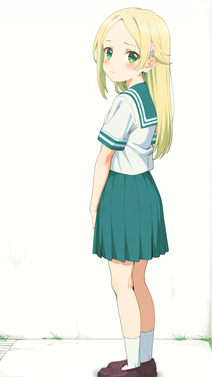 white_background,simple background,1girl,solo,full_shot,looking_at_viewer,blush,anime screenshot,sincos,<lora:Matsugasaki_Karen_Illustrious_v2:1>,Matsugasaki Karen,shy,school uniform,serafuku,short sleeves,white socks,skirt,brown footwear,shoes,socks,pleated skirt,from_back,looking_back,, masterpiece, best quality