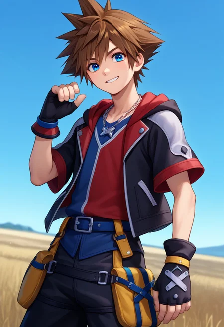 score_9, score_7_up, source_anime
sora, 1boy, male focus, solo, blue eyes, brown hair, spiked hair, blue shirt, red shirt, multicolored shirt, jewelry, necklace, jacket, multicolored jacket, multicolored clothes, black jacket, red jacket, hood, buttons, short sleeves, open jacket, open clothes, gloves, black gloves, fingerless gloves, belt, pants, black pants, baggy pants, chaps, pouch, smile,
outdoor, sky,