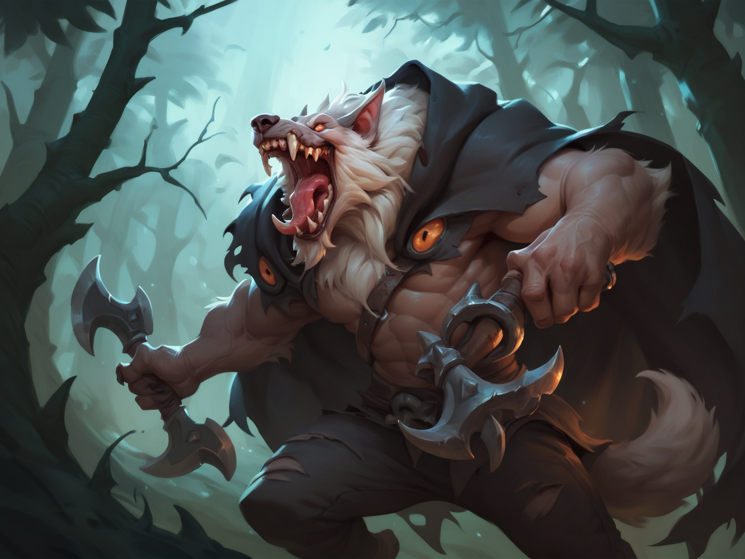 1boy, werewolf, cloak, fur, holding weapon, tongue, male focus, muscular, no humans, open mouth, pants, solo, tail, teeth, tree, white hair, <lora:HearthstoneMerge2:0.8>, score_9, score_8_up, score_7_up, score_6_up
