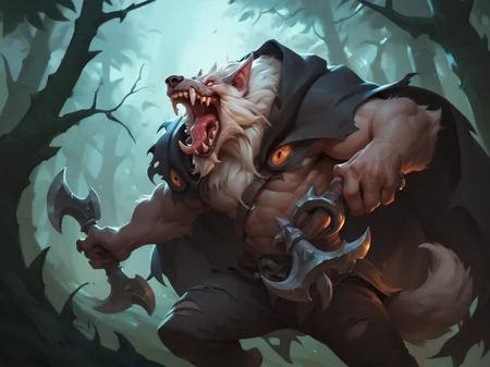 1boy, werewolf, cloak, fur, holding weapon, tongue, male focus, muscular, no humans, open mouth, pants, solo, tail, teeth, tree, white hair, <lora:HearthstoneMerge2:0.8>, score_9, score_8_up, score_7_up, score_6_up